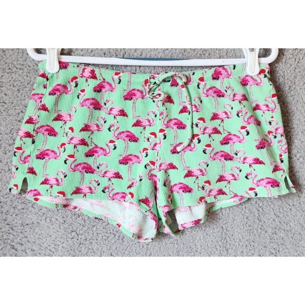 Chubbies Pull On Elastic Waist Waffle Knit Lounge Shorts Green/Pink Flamingos M